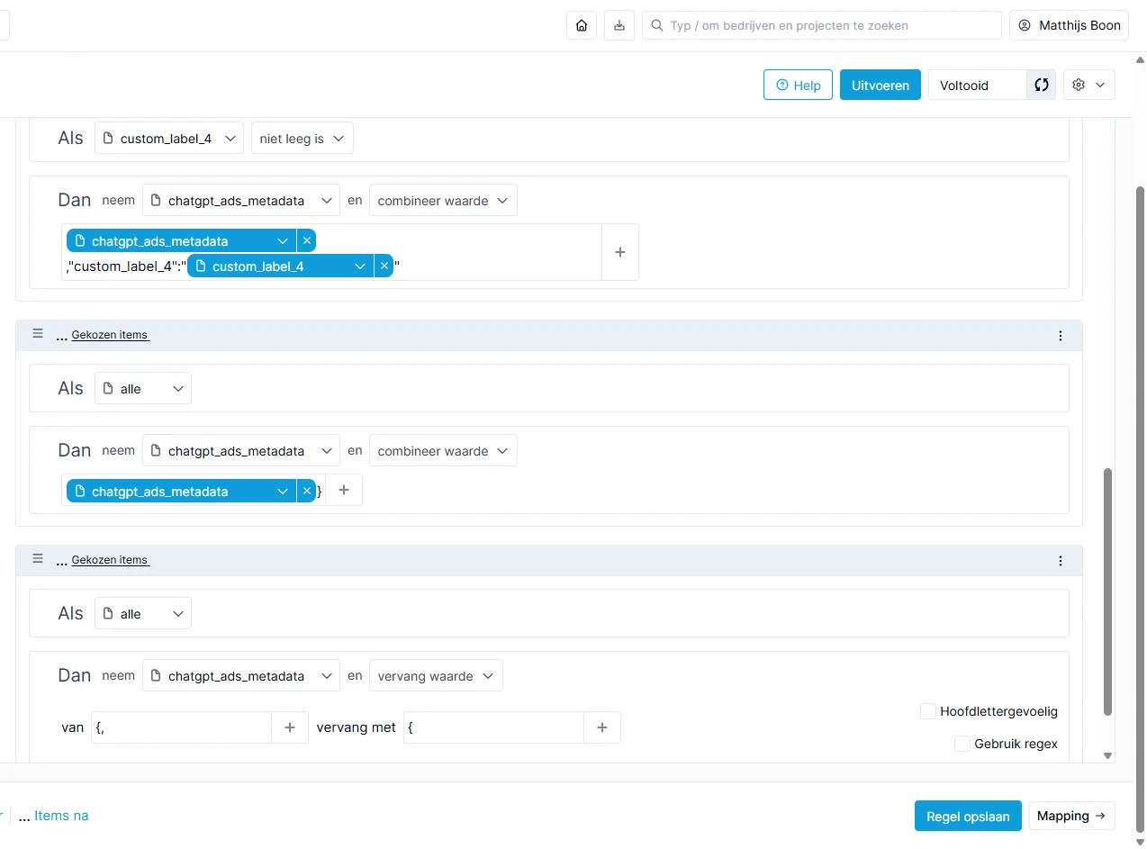 Channable-regel die label 4 toevoegt, de JSON afsluit en met vervang waarde de eerste komma verwijdert zonder regex.