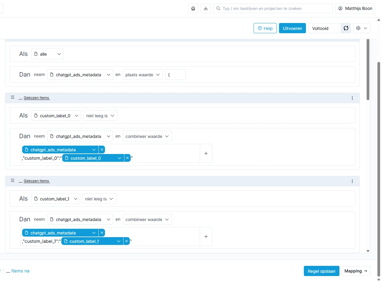 Channable-regel die begint met een accolade en custom_label_0 en custom_label_1 toevoegt aan chatgpt_ads_metadata.