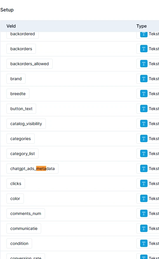 Het projectveld chatgpt_ads_metadata met type Tekst in de Setup van Channable.