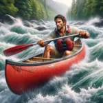 Man peddelt krachtig in een rode kano op een woeste rivier.