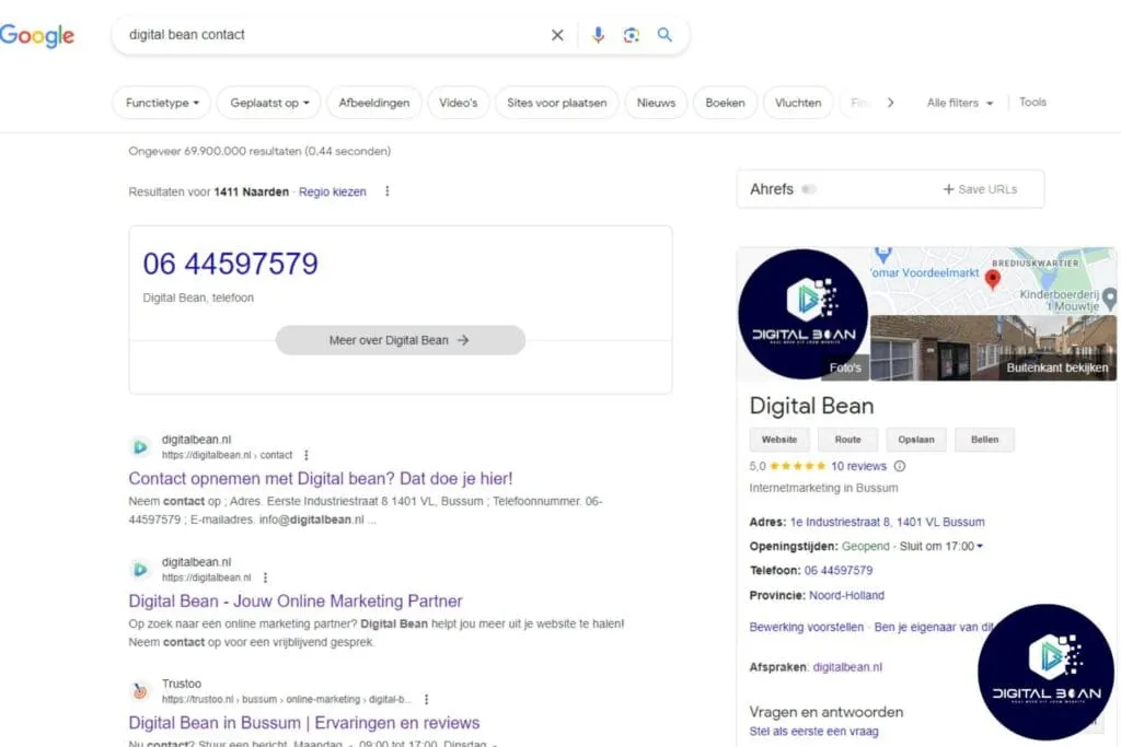screenshot digital bean contact zoek opdracht met navigerende zoekintentie